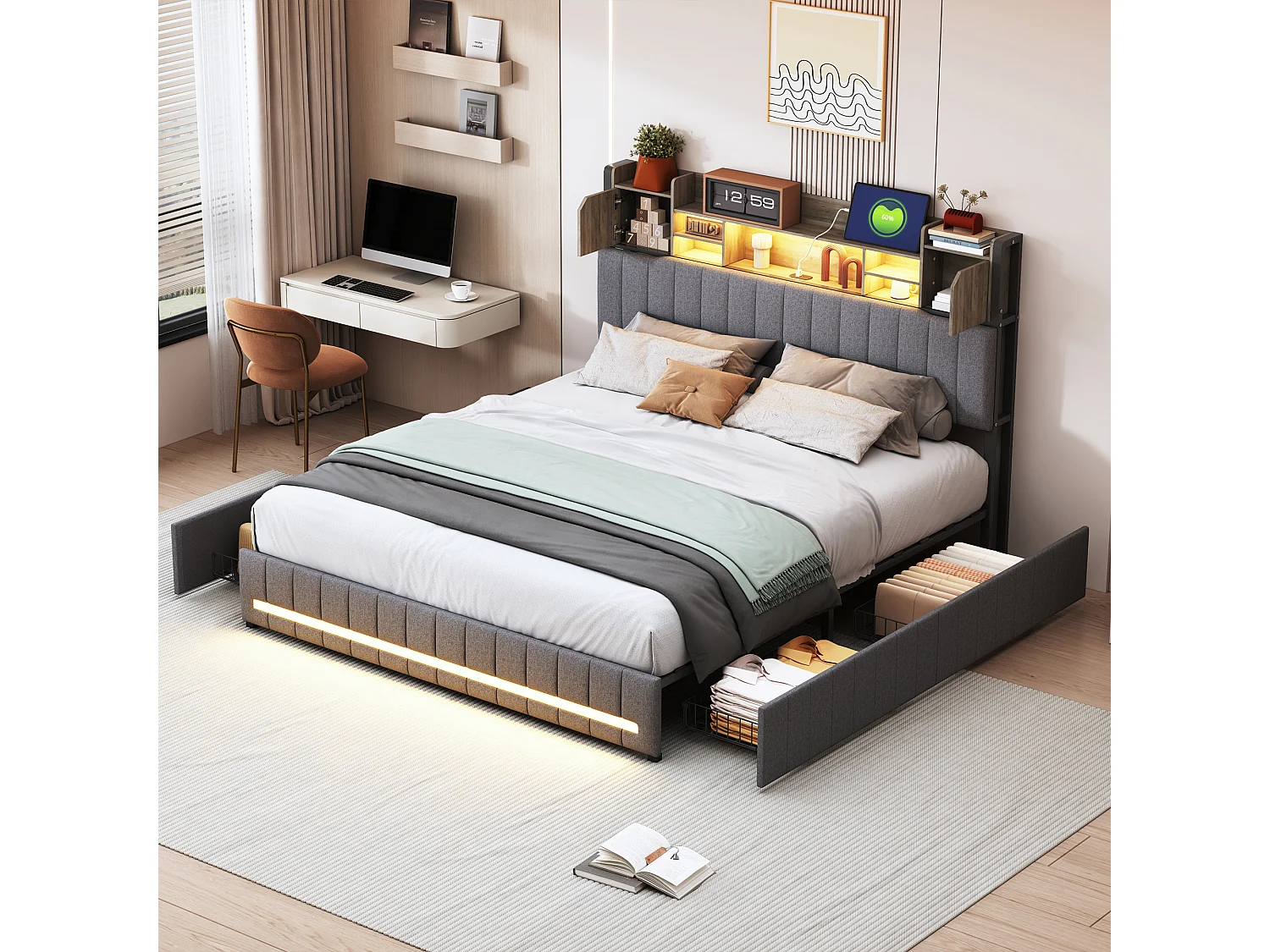 Gestoffeerd bed 160 x 200 cm, tweepersoonsbed met ledverlichting en USB-oplaadpunt, gecapitonneerd tweepersoonsbed met 4 lades, linnen, grijs