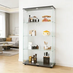 Glazen vitrinekast voor verzamelingen, moderne collectiekast met 4 schappen en 2 deuren, glazen vitrinekast met ledverlichting, 80,5 x 36,3 x 164,3 cm, zwart Glazen vitrinekast voor verzamelingen, moderne collectiekast met 4 schappen en 2 deuren, glazen vitrinekast met ledverlichting, 80,5 x 36,3 x 164,3 cm, zwart