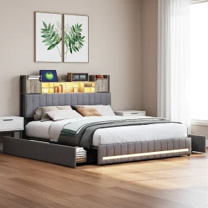 Gestoffeerd bed 140 x 190 cm, tweepersoonsbed met ledverlichting en USB-oplaadpunt, gecapitonneerd tweepersoonsbed met 4 lades, linnen, grijs Gestoffeerd bed 140 x 190 cm, tweepersoonsbed met ledverlichting en USB-oplaadpunt, gecapitonneerd tweepersoonsbed met 4 lades, linnen, grijs