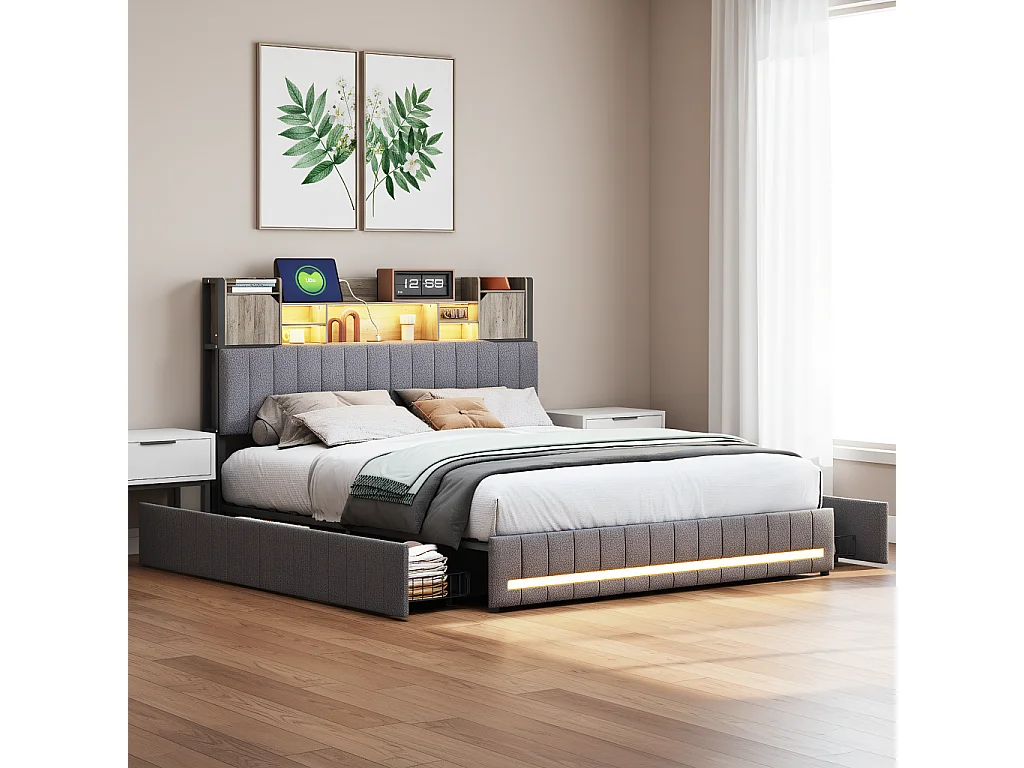 Gestoffeerd bed 140 x 190 cm, tweepersoonsbed met ledverlichting en USB-oplaadpunt, gecapitonneerd tweepersoonsbed met 4 lades, linnen, grijs
