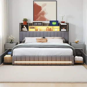 Gestoffeerd bed 140 x 200 cm, tweepersoonsbed met ledverlichting en USB-oplaadpunt, gecapitonneerd tweepersoonsbed met 4 lades, linnen, grijs Gestoffeerd bed 140 x 200 cm, tweepersoonsbed met ledverlichting en USB-oplaadpunt, gecapitonneerd tweepersoonsbed met 4 lades, linnen, grijs
