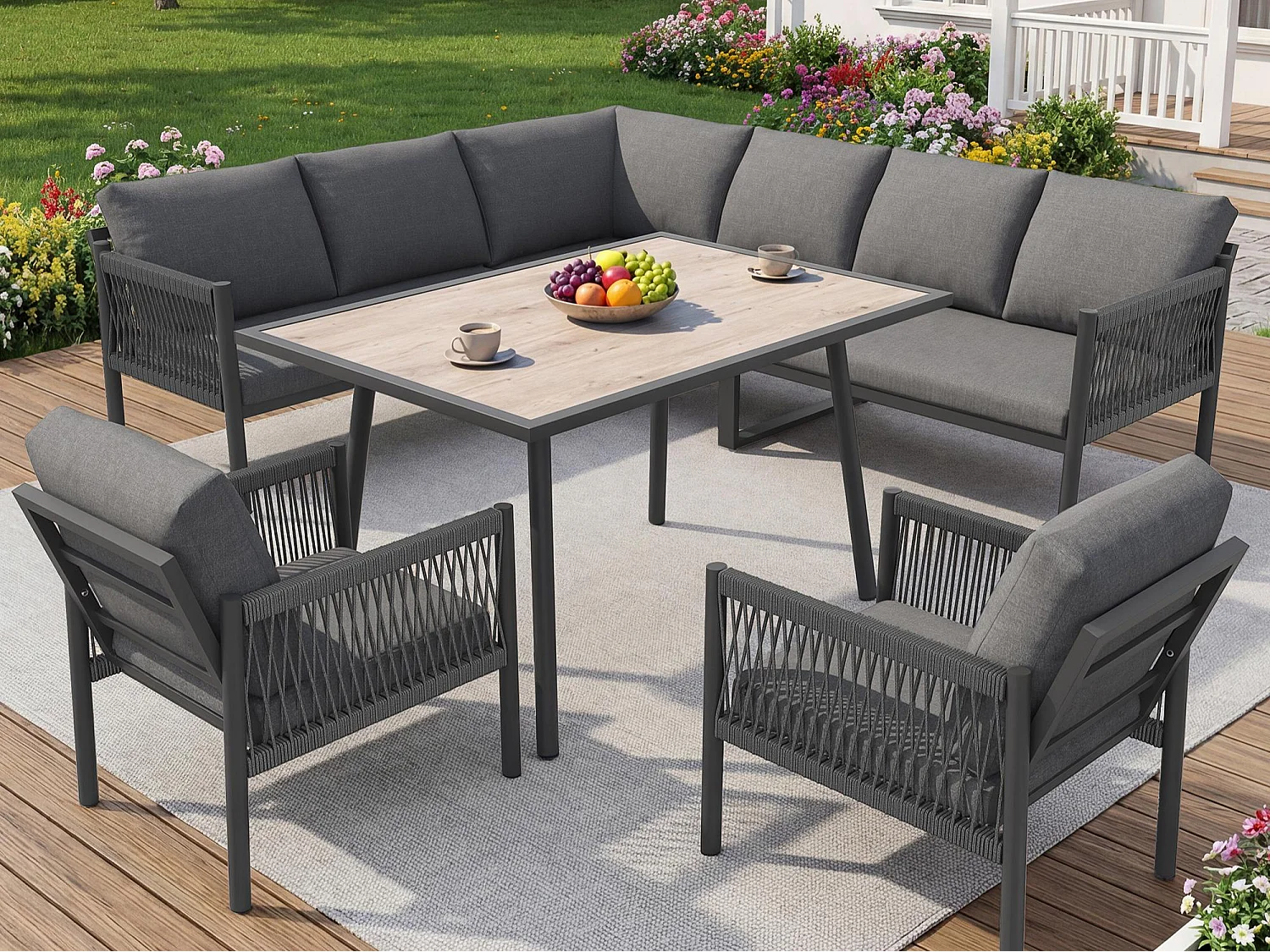 Hoek Tuinsalon Eetkamer in L-vorm 7-8 Personen - Tafel met Glas Blad in Houtlook, Bank en 2 Fauteuils van Gevlochten Koord - Staal en Polyester - Grijs