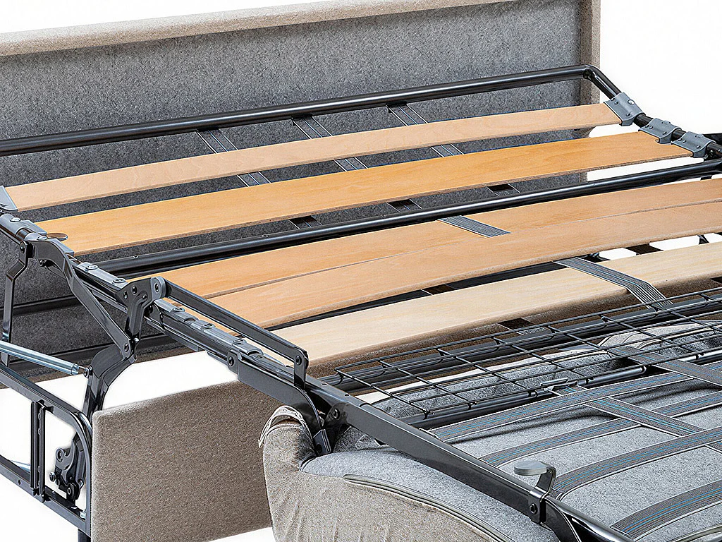 Snel om te bouwen slaapbank met hoek in dennengroene stof Bed met latten van 160 cm Matras van 22 cm dik CALIFE