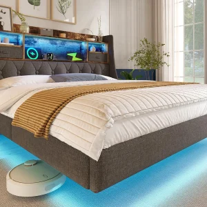 Gestoopt volwassen bed 90x200cm – met LED-verlichting – met 1 Type-C-poort en 3 USB-poorten – hoofdeinde met opbergruimte – linnen – Grijs Gestoopt volwassen bed 90x200cm – met LED-verlichting – met 1 Type-C-poort en 3 USB-poorten – hoofdeinde met opbergruimte – linnen – Grijs