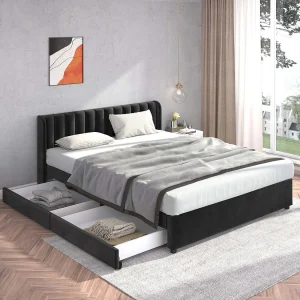Bed van 180x200cm met 2 laden – bekleed met fluweel – moderne stijl – Zwart