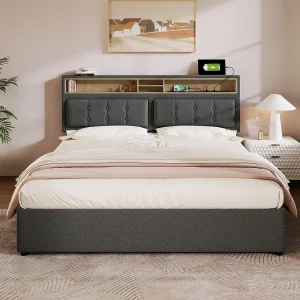 Gestoffeerd volwassenenbed met 4 lades en USB-oplaadpoort – 140x200cm – Linnen stof – Grijs Gestoffeerd volwassenenbed met 4 lades en USB-oplaadpoort – 140x200cm – Linnen stof – Grijs