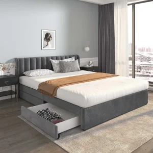 Bed van 180x200cm met 2 laden – bekleed met fluweel – moderne stijl – Grijs