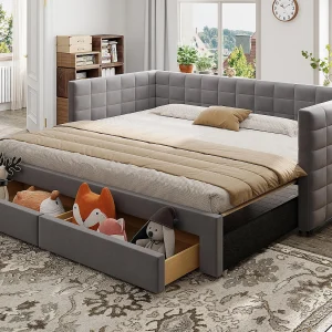Gestoffeerde slaapbank 90×190 cm – met 2 laden – met lattenbodem – grijs (matras niet inbegrepen) Gestoffeerde slaapbank 90×190 cm – met 2 laden – met lattenbodem – grijs (matras niet inbegrepen)