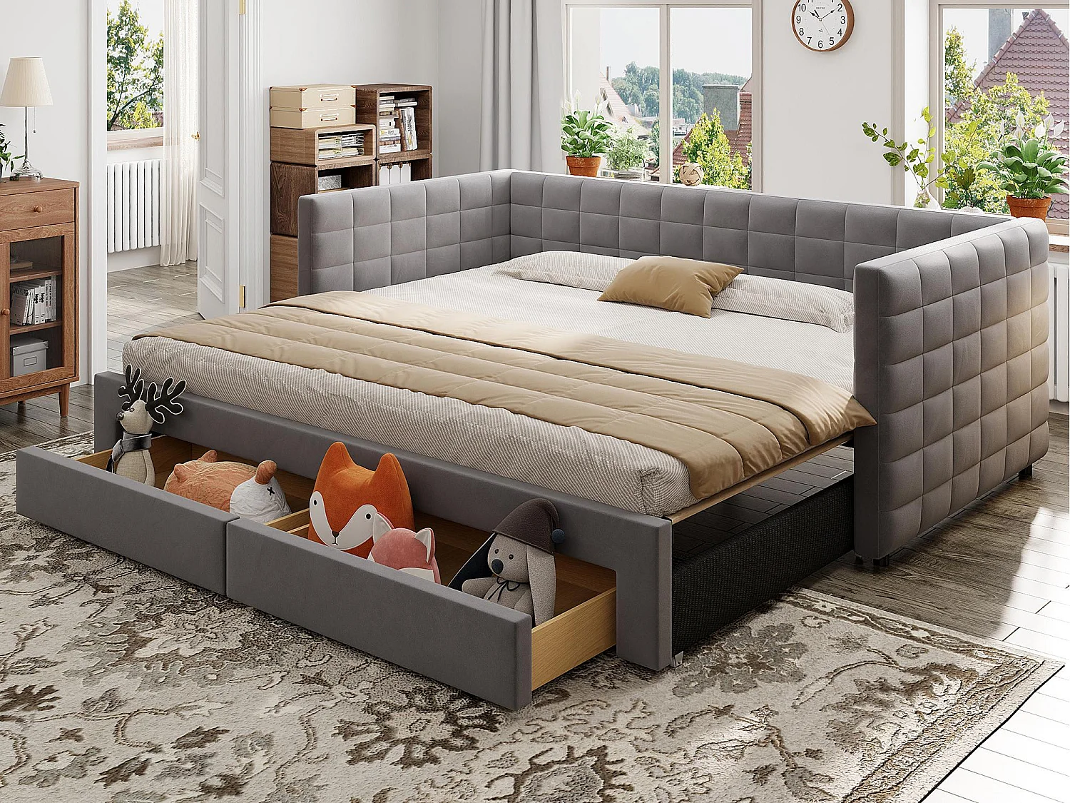 Gestoffeerde slaapbank 90×190 cm - met 2 laden - met lattenbodem - grijs (matras niet inbegrepen)