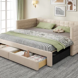 Gestoffeerde slaapbank 90×190 cm – met 2 laden – met lattenbodem – beige (matras niet inbegrepen) Gestoffeerde slaapbank 90×190 cm – met 2 laden – met lattenbodem – beige (matras niet inbegrepen)