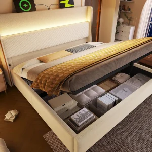 Gestoft opbergbed 160×200 cm – met LED-verlichting – met USB- en Type-C-poorten – Linnen stof – Beige (zonder matras) Gestoft opbergbed 160×200 cm – met LED-verlichting – met USB- en Type-C-poorten – Linnen stof – Beige (zonder matras)