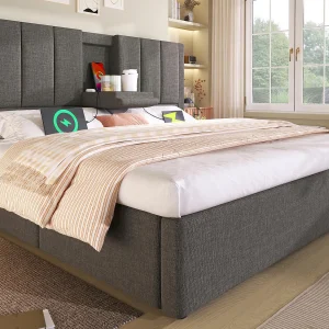 Gestoft opbergbed 180x200cm – met verborgen bekerhouder – met USB- en Type-C-poorten – met lattenbodem – Linnen – Grijs (zonder matras) Gestoft opbergbed 180x200cm – met verborgen bekerhouder – met USB- en Type-C-poorten – met lattenbodem – Linnen – Grijs (zonder matras)