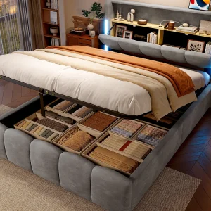 Gestoffeerd opbergbed 140×200 cm – met LED-verlichting – met USB- + Type-C-poorten – fluweel – grijs (matras niet inbegrepen) Gestoffeerd opbergbed 140×200 cm – met LED-verlichting – met USB- + Type-C-poorten – fluweel – grijs (matras niet inbegrepen)