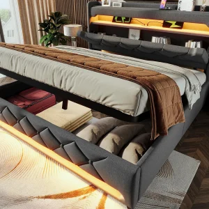 Gestoffeerd opbergbed 180×200 cm – met LED en USB-oplaadpoorten – Linnenstof – Hoofdeinde met opbergruimte – Grijs Gestoffeerd opbergbed 180×200 cm – met LED en USB-oplaadpoorten – Linnenstof – Hoofdeinde met opbergruimte – Grijs