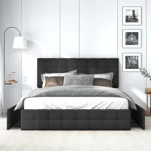 Gestoffeerd linnen bed met 4 lades – verstelbaar hoofdeinde + metalen onderstel – 140x200cm – zwart Gestoffeerd linnen bed met 4 lades – verstelbaar hoofdeinde + metalen onderstel – 140x200cm – zwart