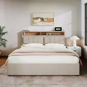 Gestoffeerd volwassenenbed met 4 lades en USB-oplaadpoort – 160x200cm – Linnen stof – Beige Gestoffeerd volwassenenbed met 4 lades en USB-oplaadpoort – 160x200cm – Linnen stof – Beige