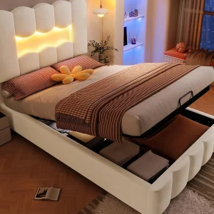 Gestoffeerd opbergbed 90×200 cm – met LED-verlichting – verstelbaar hoofdeinde – fluweel – beige (matras niet inbegrepen) Gestoffeerd opbergbed 90×200 cm – met LED-verlichting – verstelbaar hoofdeinde – fluweel – beige (matras niet inbegrepen)