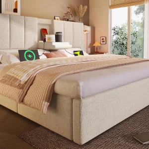 Gestoft opbergbed 180x200cm – met verborgen bekerhouder – met USB- en Type-C-poorten – met lattenbodem – Linnen – Beige (zonder matras) Gestoft opbergbed 180x200cm – met verborgen bekerhouder – met USB- en Type-C-poorten – met lattenbodem – Linnen – Beige (zonder matras)