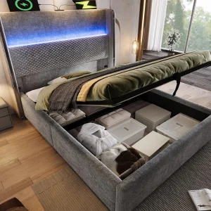 Gestoft opbergbed 90×200 cm – met LED-verlichting – met USB- en Type-C-poorten – Linnen stof – Grijs (zonder matras) Gestoft opbergbed 90×200 cm – met LED-verlichting – met USB- en Type-C-poorten – Linnen stof – Grijs (zonder matras)