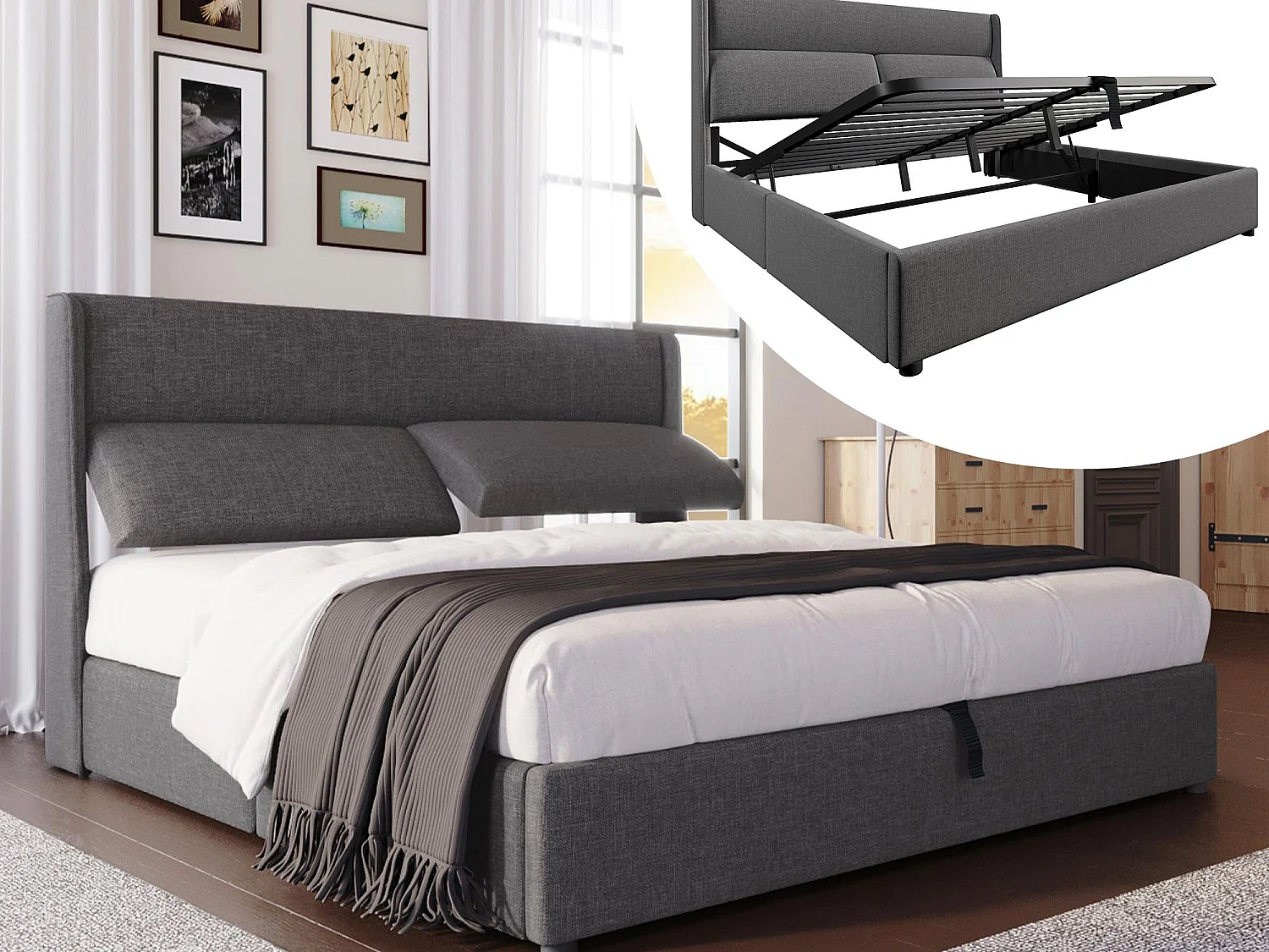 Gestoeld opbergbed 180x200 cm - met verstelbare hoofdbord - lattenbodem - linnen - grijs (matras niet inbegrepen)