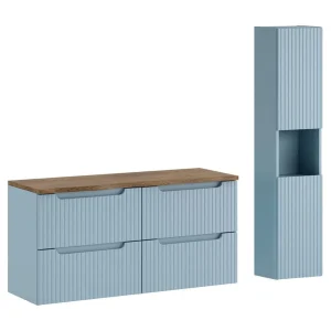 Hangend badkamermeubelset VANO denimblauw en eiken 150cm: onderkast met laden + wastafelblad + kolomkast Hangend badkamermeubelset VANO denimblauw en eiken 150cm: onderkast met laden + wastafelblad + kolomkast