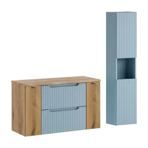 Geheel opgehangen VANO blauw denim en licht eiken 130cm: meubels onder wastafel met laden en kasten + blad voor wastafel + kolom