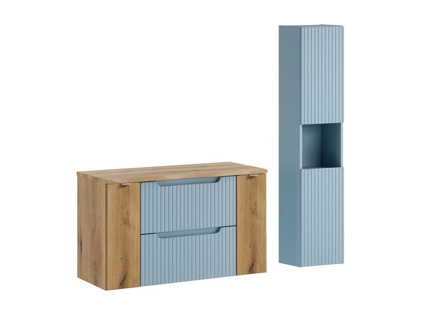 Geheel opgehangen VANO blauw denim en licht eiken 130cm: meubels onder wastafel met laden en kasten + blad voor wastafel + kolom