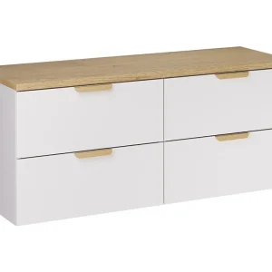 Zwevende badkamerset OSTER 120cm: witte onderkast met laden + werkblad voor wastafel in licht eiken look