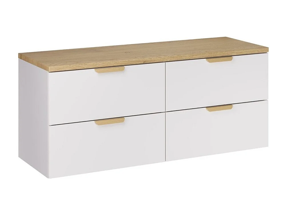 Zwevende badkamerset OSTER 120cm: witte onderkast met laden + werkblad voor wastafel in licht eiken look
