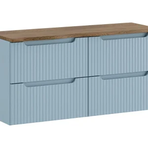 Hangend badkamermeubelset VANO denimblauw en eik 120cm: onderkast met lades + blad voor wastafel Hangend badkamermeubelset VANO denimblauw en eik 120cm: onderkast met lades + blad voor wastafel