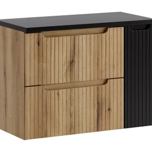Hangend badkamermeubelset VANO licht eiken en zwart 80cm: onderkast met laden en kasten + blad voor wastafel Hangend badkamermeubelset VANO licht eiken en zwart 80cm: onderkast met laden en kasten + blad voor wastafel