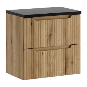 Hangend badkamermeubelset VANO licht eiken en zwart 60cm: onderkast met laden + blad voor wastafel Hangend badkamermeubelset VANO licht eiken en zwart 60cm: onderkast met laden + blad voor wastafel
