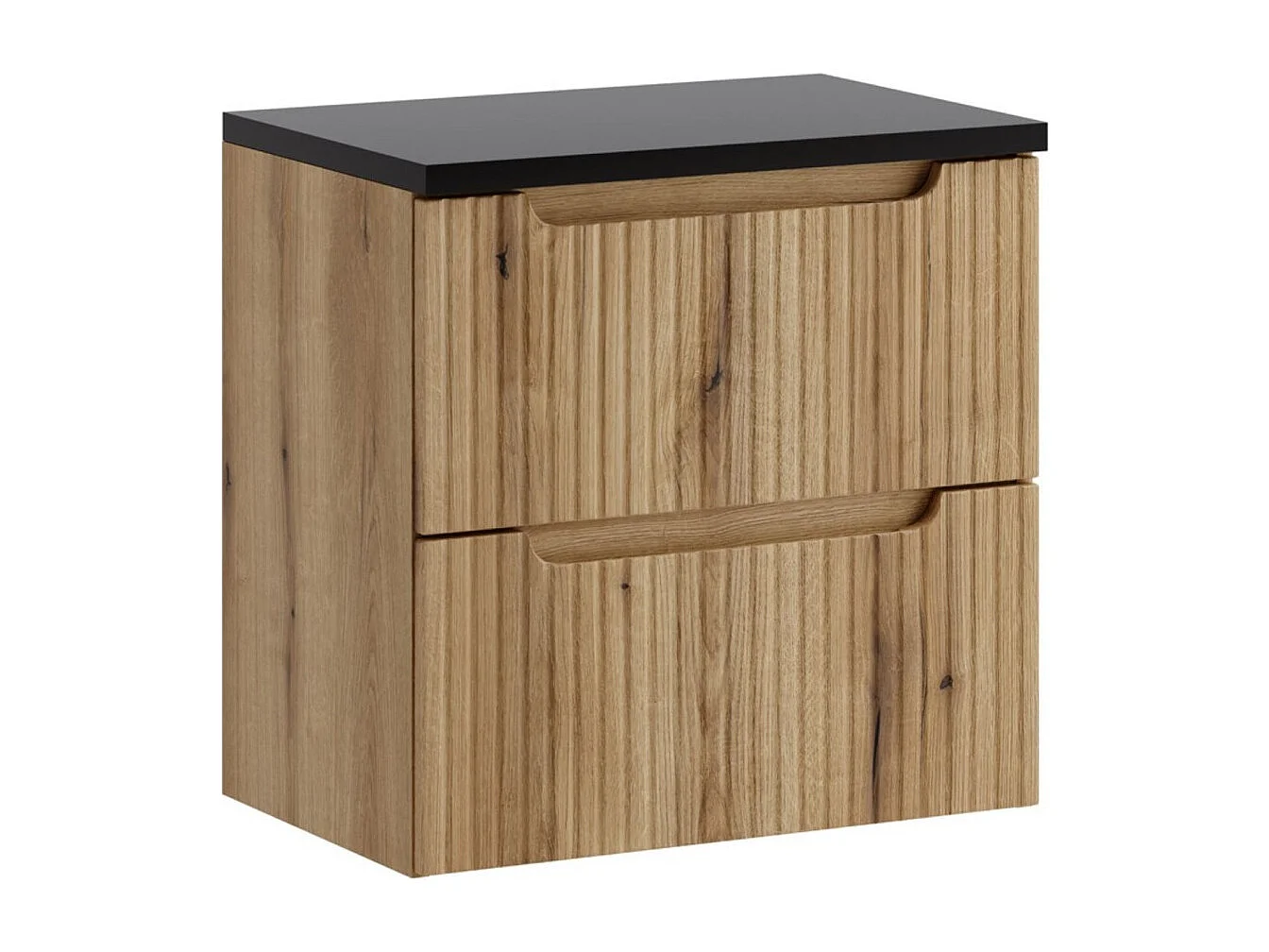 Hangend badkamermeubelset VANO licht eiken en zwart 60cm: onderkast met laden + blad voor wastafel