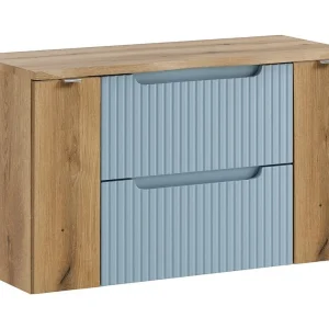 Ensemble suspendu VANO blauw denim en licht eiken 100cm: meubelonderkast met laden en kasten + blad voor wastafel