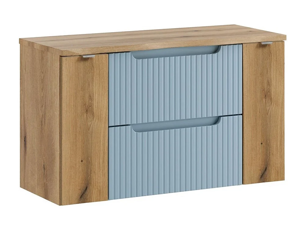 Ensemble suspendu VANO blauw denim en licht eiken 100cm: meubelonderkast met laden en kasten + blad voor wastafel