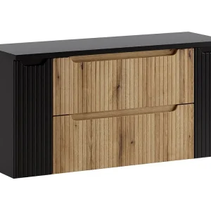 Hangend badkamermeubelset VANO licht eiken en zwart 120cm: onderkasten met laden en kasten + blad voor wastafel Hangend badkamermeubelset VANO licht eiken en zwart 120cm: onderkasten met laden en kasten + blad voor wastafel