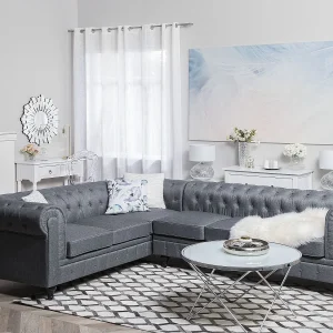 Hoekbank CHESTERFIELD Stof Grijs 6-zitter Rechterzijde Hoekbank CHESTERFIELD Stof Grijs 6-zitter Rechterzijde