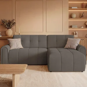 Hoekbank met slaapfunctie en opbergruimte – rechts – chenille – taupe – SIMOLLA