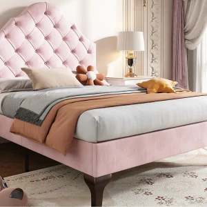 Gestoffeerd bed 90x200cm in fluweel met verstelbaar hoofdeinde + lattenbodem – Roze