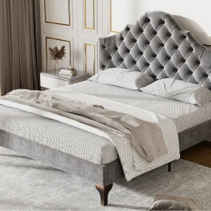Gestoffeerd bed 140x200cm in fluweel met verstelbaar hoofdeinde + lattenbodem – Grijs Gestoffeerd bed 140x200cm in fluweel met verstelbaar hoofdeinde + lattenbodem – Grijs