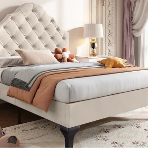 Gestoffeerd bed 90x200cm in fluweel met verstelbaar hoofdeinde + lattenbodem – Beige