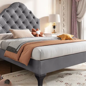 Gestoffeerd bed 90x200cm in fluweel met verstelbaar hoofdeinde + lattenbodem – Grijs