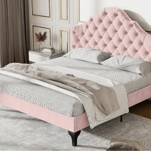 Gestoffeerd bed 140x200cm in fluweel met verstelbaar hoofdeinde + lattenbodem – Roze Gestoffeerd bed 140x200cm in fluweel met verstelbaar hoofdeinde + lattenbodem – Roze