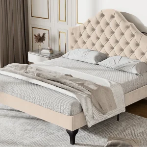 Gestoffeerd bed 140x190cm in fluweel met verstelbaar hoofdeinde + lattenbodem – Beige
