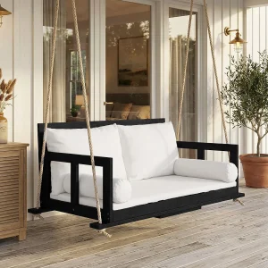 Hangende dubbele tuinstoel – 136 x 63 x 65 cm – met kussen + 2 touwen (frame niet inbegrepen) – acacia – zwart Hangende dubbele tuinstoel – 136 x 63 x 65 cm – met kussen + 2 touwen (frame niet inbegrepen) – acacia – zwart