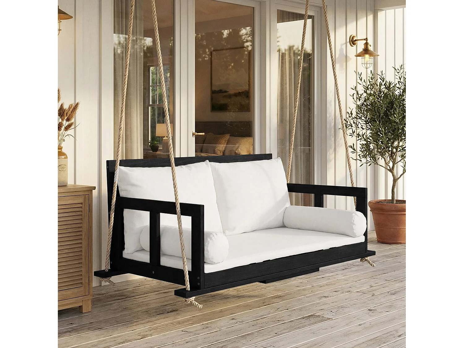 Hangende dubbele tuinstoel - 136 x 63 x 65 cm - met kussen + 2 touwen (frame niet inbegrepen) - acacia - zwart