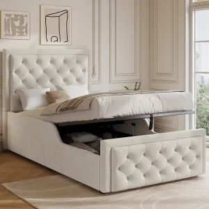 Gestoffeerd opbergbed voor kinderen – 90 x 200 cm – met hydraulische opbergruimte en hoofdeinde – fluweel – beige
