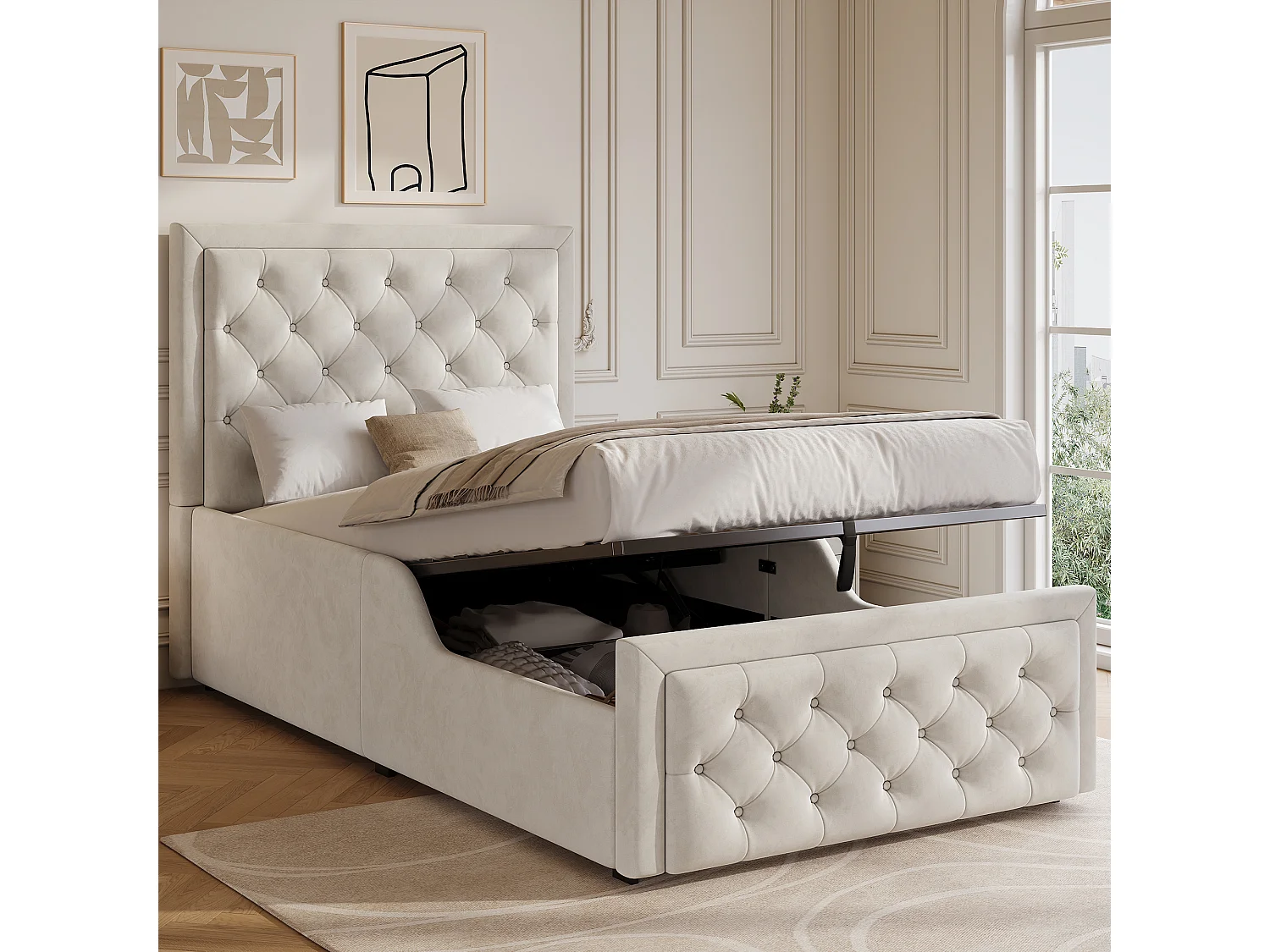 Gestoffeerd opbergbed voor kinderen - 90 x 200 cm - met hydraulische opbergruimte en hoofdeinde - fluweel - beige