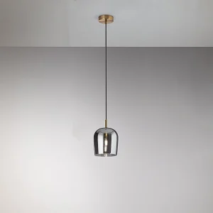 Hanglamp van 16 cm met rookglazen frame, geborsteld goudkleurig frame, E14 fitting en zwarte stoffen kabel voor moderne interieurs – Perenz Hanglamp van 16 cm met rookglazen frame, geborsteld goudkleurig frame, E14 fitting en zwarte stoffen kabel voor moderne interieurs – Perenz