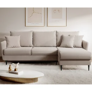 Hoekbank – 223 cm – met slaapfunctie – hydrofoob fluweel – beige – zwarte poten – VOLIO Hoekbank – 223 cm – met slaapfunctie – hydrofoob fluweel – beige – zwarte poten – VOLIO